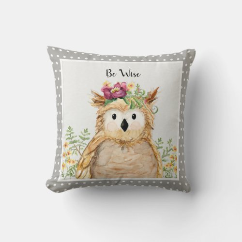 Girl Be Wise Forest Owl Watercolor Woodland Animal Throw Pillow