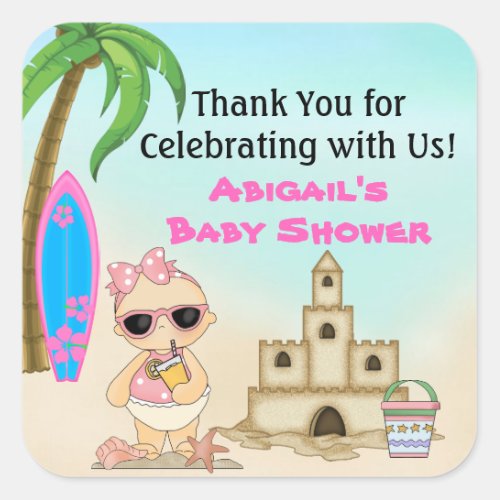 Girl Beach Baby Sandcastle Baby Shower Thank You Square Sticker