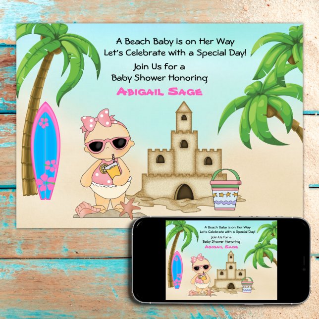 Girl Beach Baby Sandcastle n Surfboard Baby Shower Invitation