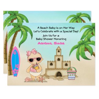 Girl Beach Baby Sandcastle n Surfboard Baby Shower Invitation