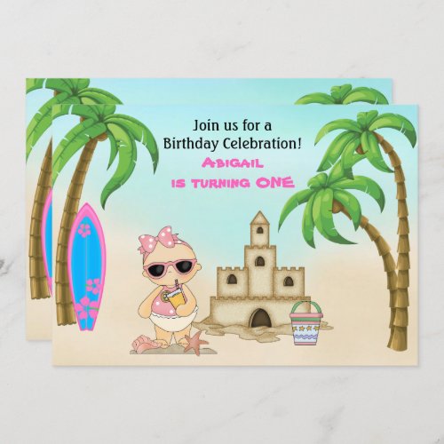 Girl Beach Baby Sandcastle Surfboard 1st Birthday Invitation