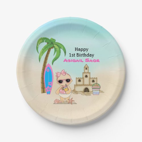 Girl Beach Baby Sandcastle Surfboard 1st Birthday Paper Plates