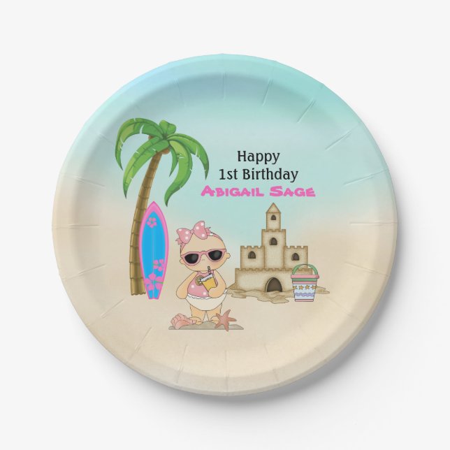 Girl Beach Baby Sandcastle, Surfboard 1st Birthday Paper Plates (Front)