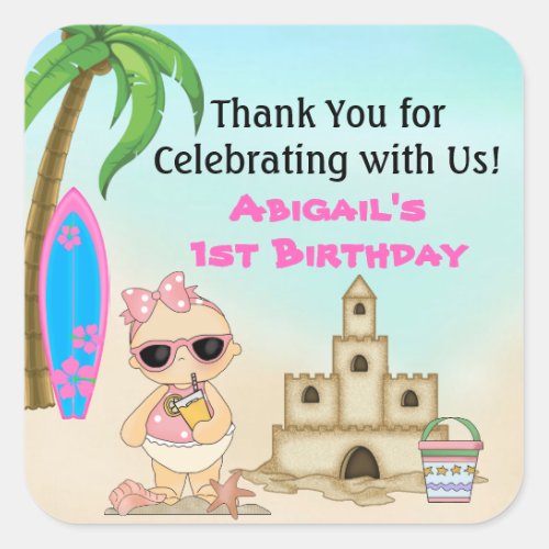 Girl Beach Baby Sandcastle Surfboard 1st Birthday Square Sticker