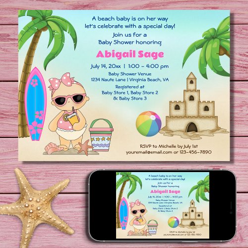 Girl Beach Baby Sandcastle Surfboard Baby Shower Invitation