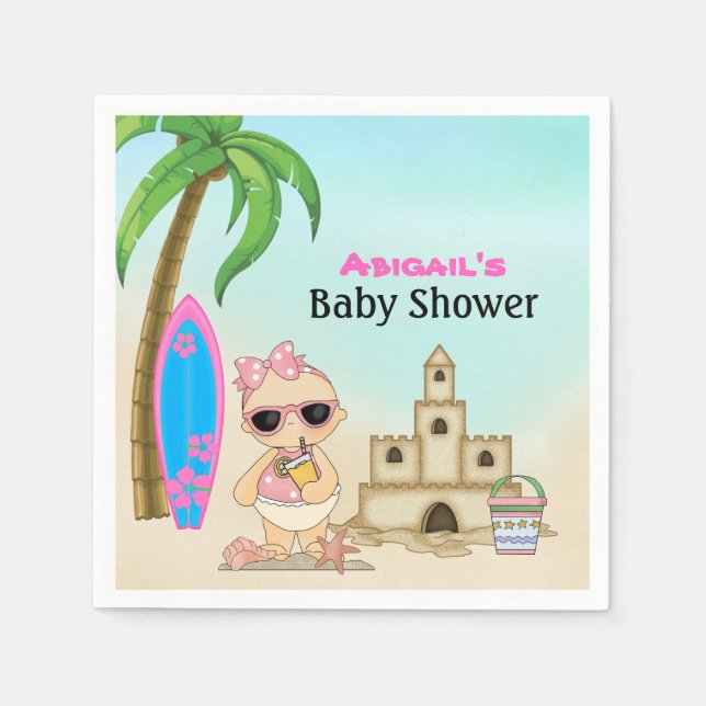 Girl Beach Baby Sandcastle, Surfboard Baby Shower Napkins (Front)