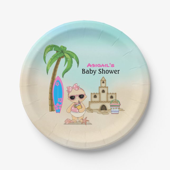 Girl Beach Baby Sandcastle, Surfboard Baby Shower Paper Plates (Front)