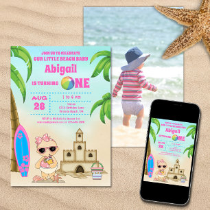 Girl Beach Baby Surfboard 1st Birthday PHOTO Invitation