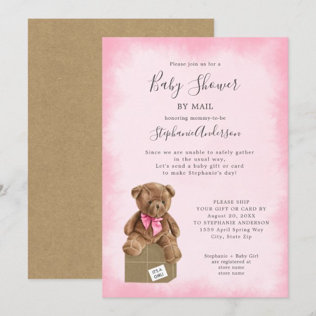 Girl Bear Baby Shower by Mail Invitation (Front/Back)