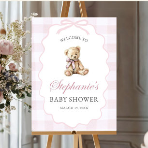 Girl Bear Baby Shower Sign Welcome Pink Bow Gingha