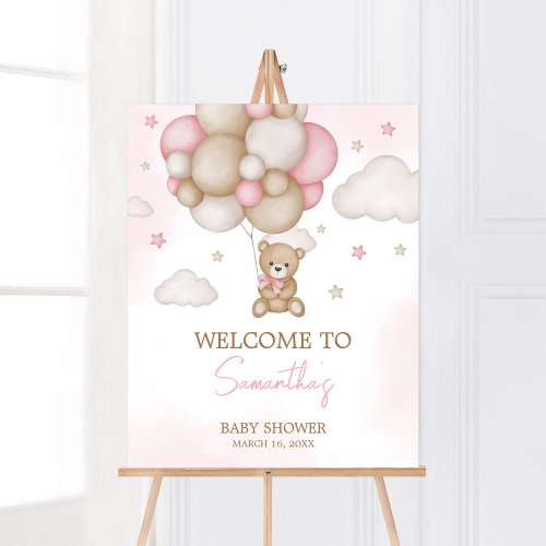 Girl Bear Balloon Baby Shower Welcome Poster