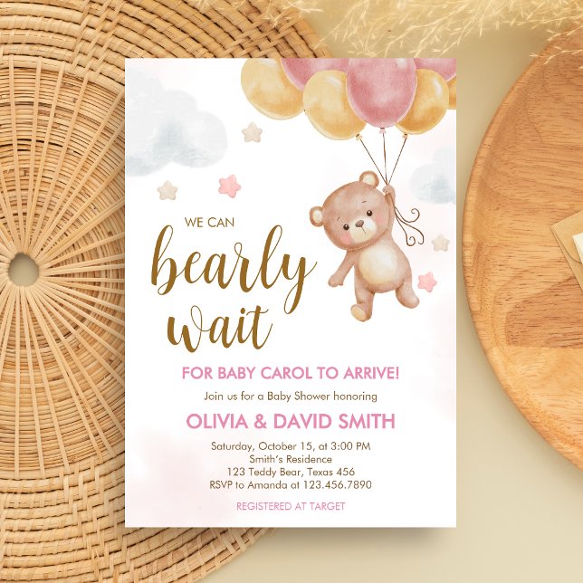 Girl Bear Bearly Wait Baby Shower Invitation (We Can Bearly Wait Bear Balloons Baby Shower Invitation)
