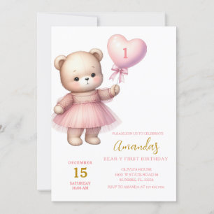 Girl Bear Heart Pink Balloons First Birthday Invitation