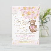 Girl Bear Hot Air Balloon Pink Gold Baby Shower Invitation (Standing Front)