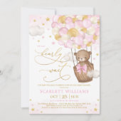 Girl Bear Hot Air Balloon Pink Gold Baby Shower Invitation (Front)