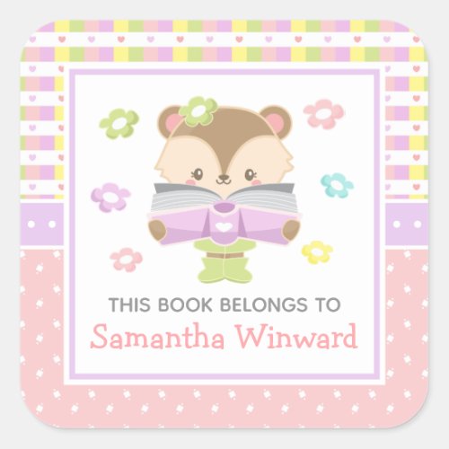 Girl Bear Pink and Purple Kids Bookplate