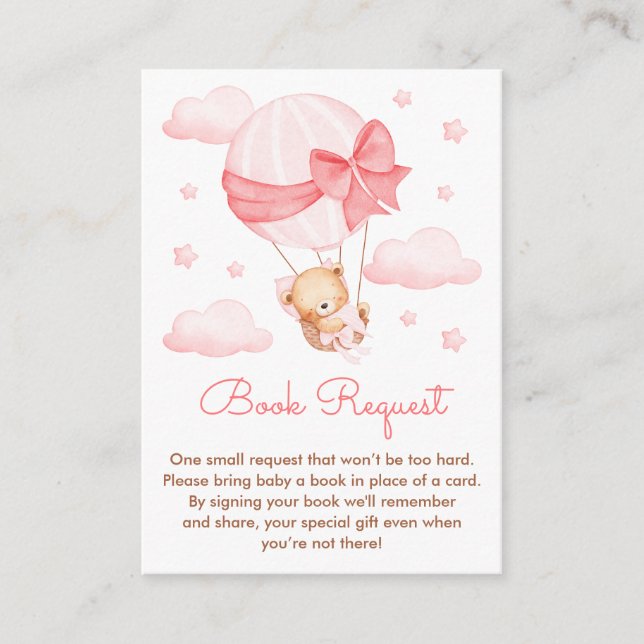 Girl Bear Pink Balloon Baby Shower Book Request Enclosure Card (Front)