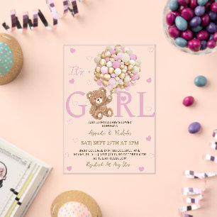 Girl Bear Pink Gold Balloons Baby Shower Acrylic Invitations