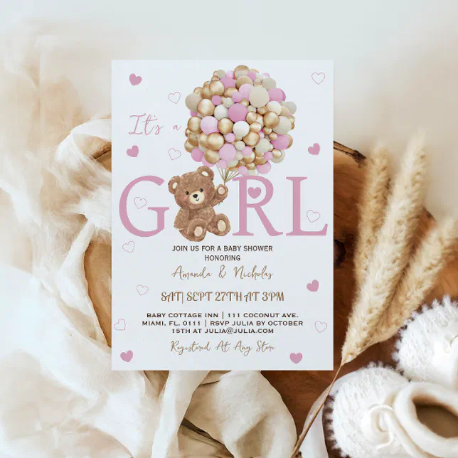 Girl Bear Pink Gold Balloons Baby Shower Invitation | Zazzle
