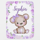 Girl Bear Purple Bow Baby Blankets Floral Name