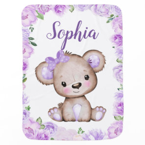 Girl Bear Purple Bow Baby Blankets Floral Name