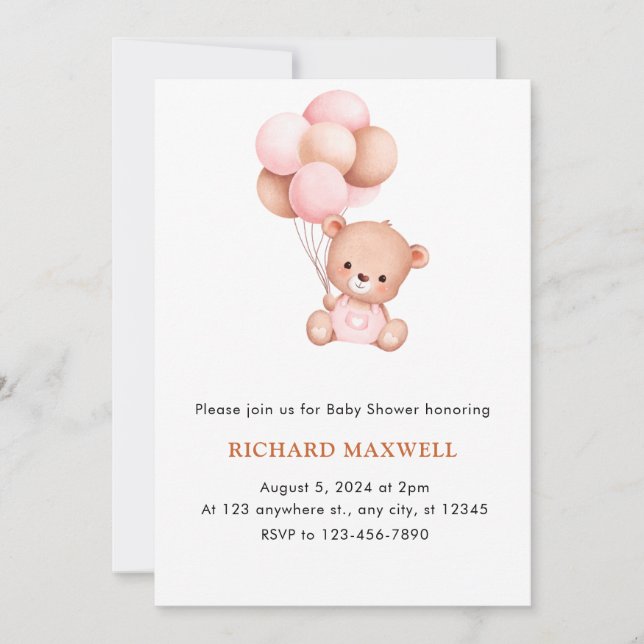 Girl Bear with Balloons Baby shower Invitation (Front)