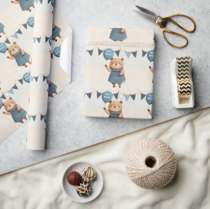 Girl Bear with Blue Plaid Dress and Balloon Wrapping Paper