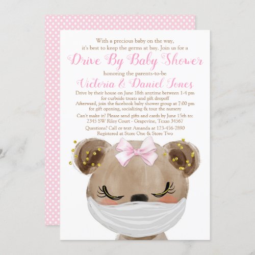 Girl Bear with Mask Drive By Baby Shower Invitation