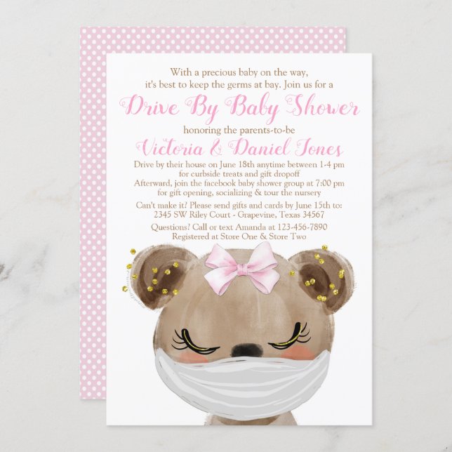 Girl Bear with Mask Drive By Baby Shower Invitation (Front/Back)