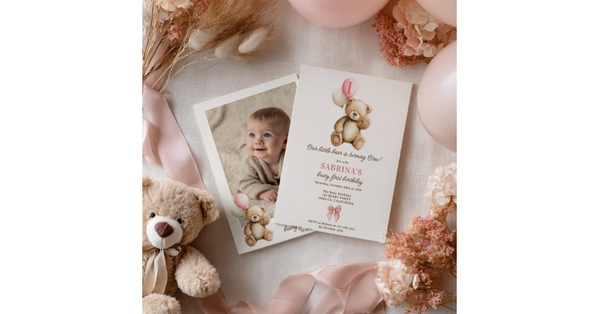 Girl Beary 1st Birthday Teddy Bear Photo Balloons Invitation | Zazzle