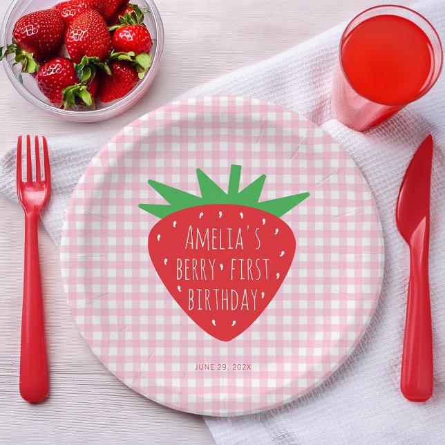 Girl Berry First Birthday Strawberry on Pink Plaid Paper Plates (Creator Uploaded)