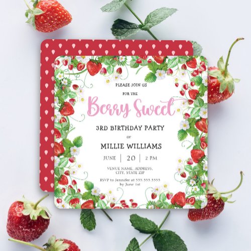 Girl Berry Sweet Square Birthday Party Invitation