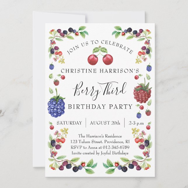 Girl Berry Third Birthday Party Invitation (Front)