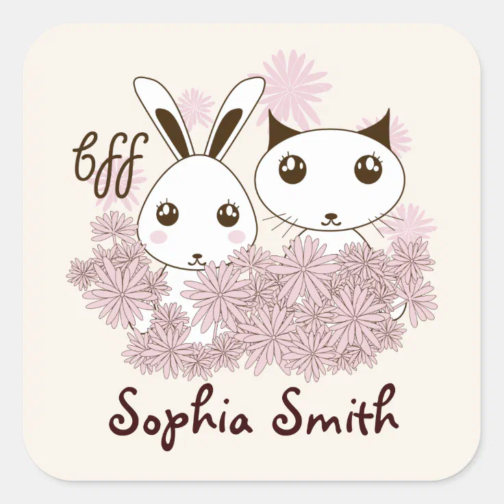 Girl BFF Cute Cartoon Kitten and Bunny Kids Name Square Sticker | Zazzle