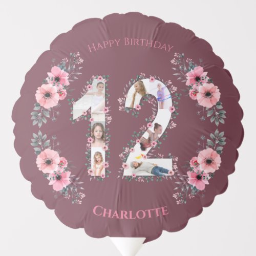 Girl Big 12th Birthday Photo Collage Pink Flower Balloon