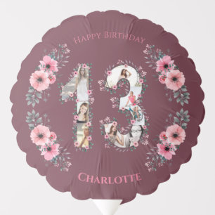Girl Big 13th Birthday Photo Collage Pink Flower Balloon