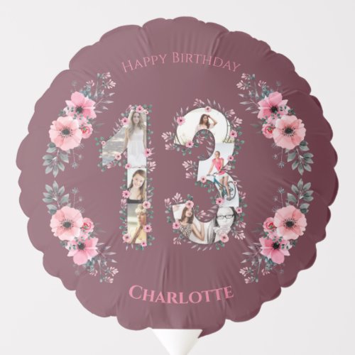 Girl Big 13th Birthday Photo Collage Pink Flower Balloon