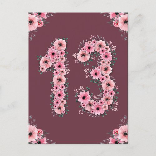 Girl Big 13th Birthday Pink Flowers Green Foliage Postcard