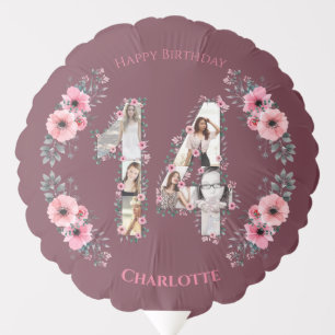 Girl Big 14th Birthday Photo Collage Pink Flower Balloon