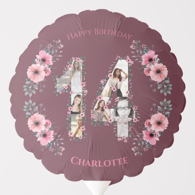 Girl Big 14th Birthday Photo Collage Pink Flower Balloon (Front)