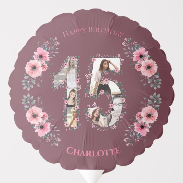 Girl Big 15th Birthday Photo Collage Pink Flower Balloon (Front)