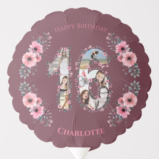 Girl Big 16th Birthday Photo Collage Pink Flower Balloon (Front)