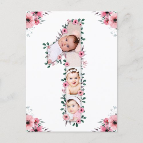 Girl Big 1st Birthday Photo Collage Pink Flower Postcard