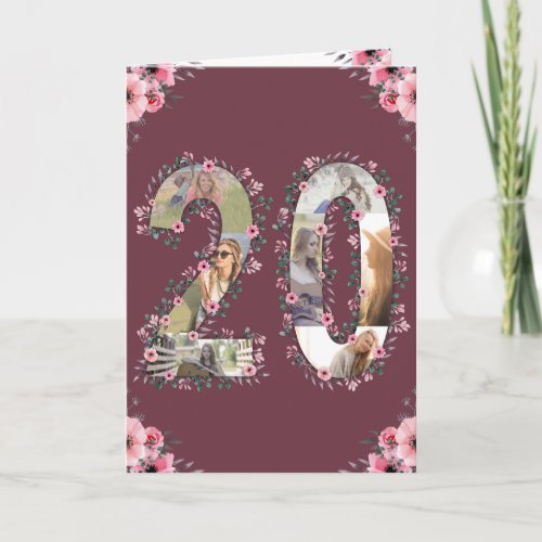 Girl Big 20th Birthday Photo Collage Pink Flower  Card