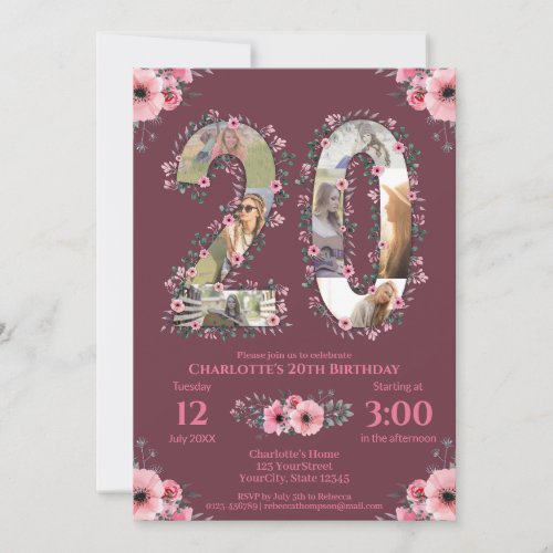 Girl Big 20th Birthday Photo Collage Pink Flower Invitation