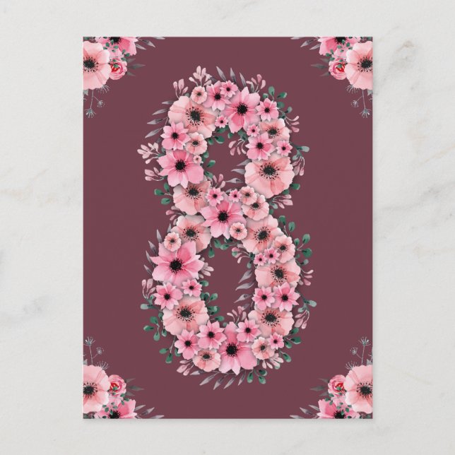 Girl Big 8th Birthday Pink Flowers Green Foliage Postcard (Front)