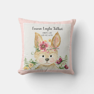 Girl Birth Stats Bunny Watercolor Woodland Animal Throw Pillow