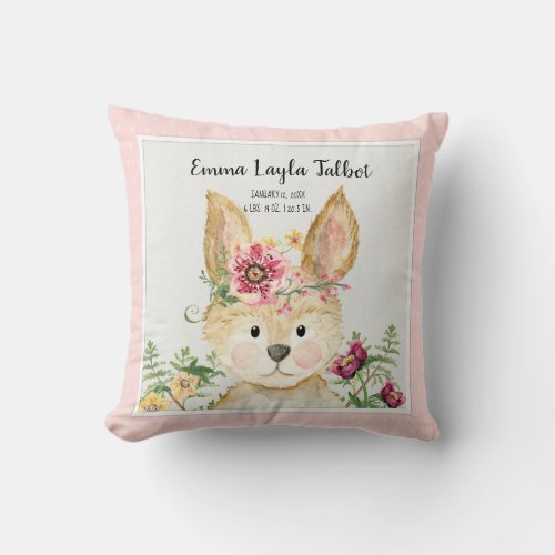 Girl Birth Stats Bunny Watercolor Woodland Animal Throw Pillow