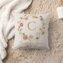 Girl Birth Stats Floral Wreath Monogram Nursery Throw Pillow
