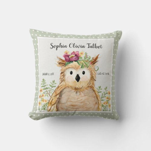 Girl Birth Stats Owl Watercolor Woodland Animal Throw Pillow
